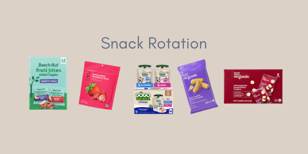 Toddler snacks from Target laid out for a Sunday pantry reset