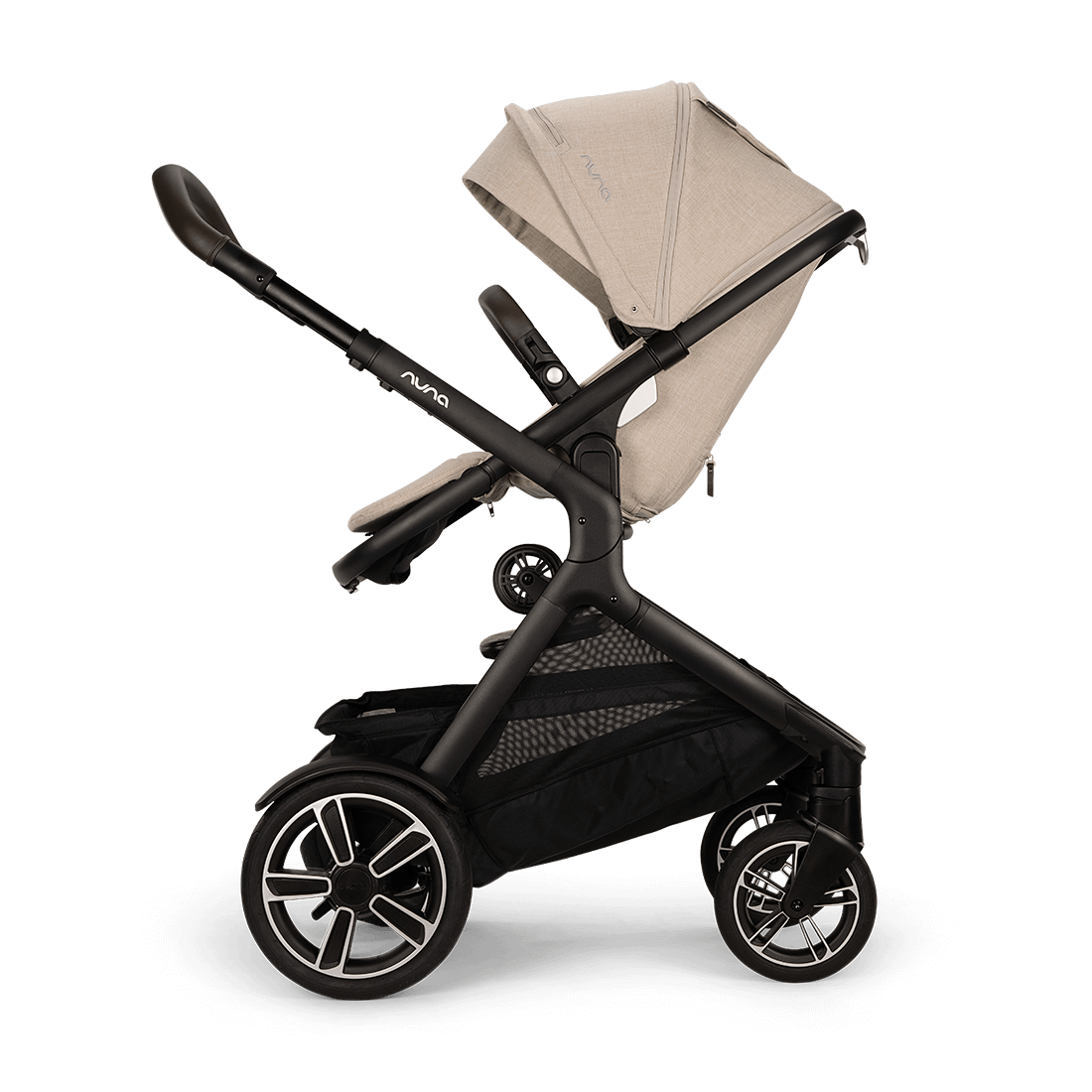 Nuna Demi stroller review: Nuna DEMI next with rider board folded, Biscotti color, side profile view